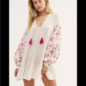 Free People Mix It Up Embroidered Balloon Sleeve Dress  Cover Up- NWOT Sz S